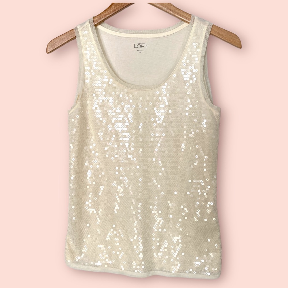 Ann Taylor Loft Cream Sequin Tulle Mesh Tank Top Size XS